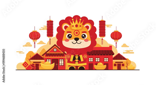 Cute Chinese New Year Lion Mascot in Traditional Festival Setting. Flat Vector Illustration for Lunar Celebration, featuring Red Lanterns and Gold Ingots.