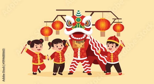Lunar New Year Lion Dance Celebration with Happy Chinese Kids in Traditional Costume and Red Lanterns, Flat Vector Illustration