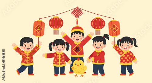 Happy Chinese New Year Kids Celebration Vector. Asian Children in Traditional Red Clothes with Festive Lanterns and Cute Chick Illustration.