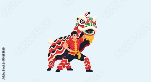 Vector illustration of a man performing the traditional Chinese Lion Dance for Lunar New Year and cultural celebration.
