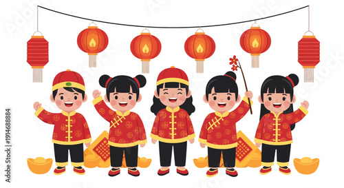 Happy Chinese New Year Kids Illustration. Five children in traditional red attire celebrating the Spring Festival with lanterns and gold Yuanbao.