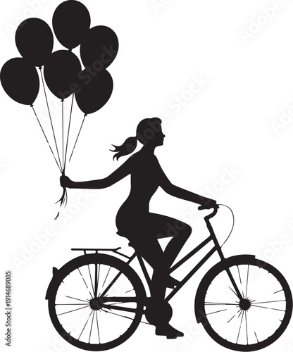 Silhouette of Woman Riding Bicycle Holding Black Balloons