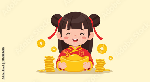 Happy Chinese New Year Girl Holding Gold Ingot (Yuanbao) and Coins. Cute Vector Illustration of Prosperity and Good Fortune for Lunar New Year.
