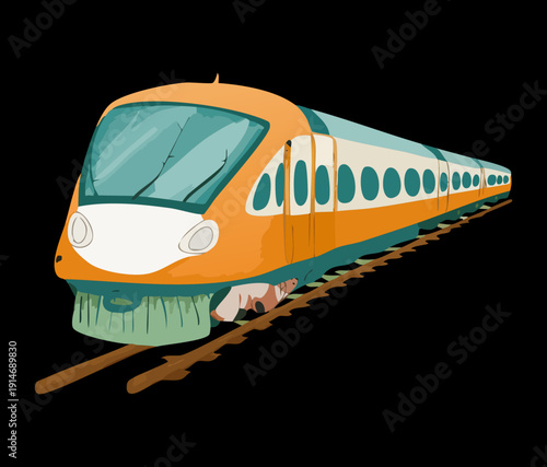 Futuristic high speed express train for intercity travel with aerodynamic orange and green design for rapid transportation