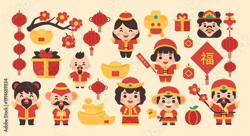 Chinese New Year Cute Characters and Elements Vector Set. Lunar New Year Icons, Lanterns, Gold Ingots, and Fu Symbol Collection.