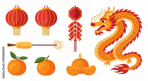 Lunar New Year Symbols Set: Majestic Dragon, Traditional Red Lanterns, Firecrackers, and Lucky Mandarin Oranges Vector Collection