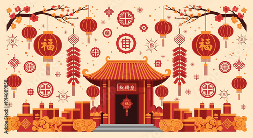Lunar New Year Festive Vector Illustration: Traditional Chinese Temple Scene with Red Lanterns, Cherry Blossoms, and Firecrackers.