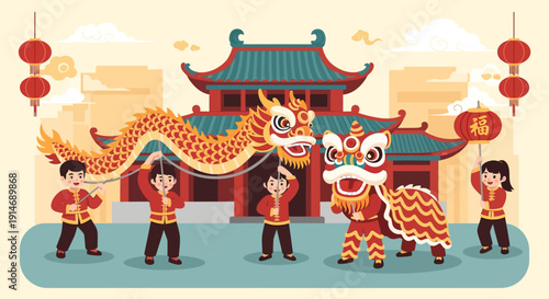 Lunar New Year Celebration: Dragon and Lion Dance Performance by Children in Traditional Clothes, Flat Vector Illustration of Chinese Festival.