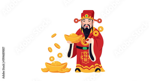 Chinese God of Wealth (Caishen) Vector. Mascot Holding Gold Ingots and Coins. Prosperity, Fortune, and Chinese New Year Celebration Icon Isolated on White.