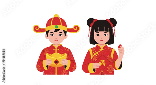 Chinese New Year Kids in Traditional Costume. Boy with Gold Ingot (Yuanbao) and Girl with Lucky Fu Red Packet. Flat Vector Illustration on White.