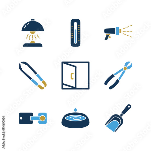 Nine flat icons depict tools: a heat lamp, thermometer, sprayer, tweezers, door, pliers, latch, water bowl, and scoop.