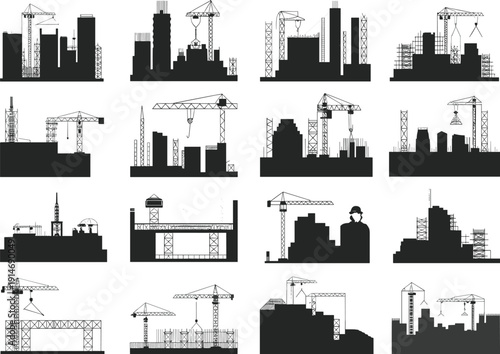 Construction site silhouettes with cranes, scaffolding, workers, urban development flat vector