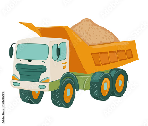 Heavy construction truck with a large dumper for moving earth and rock at a building site transportation