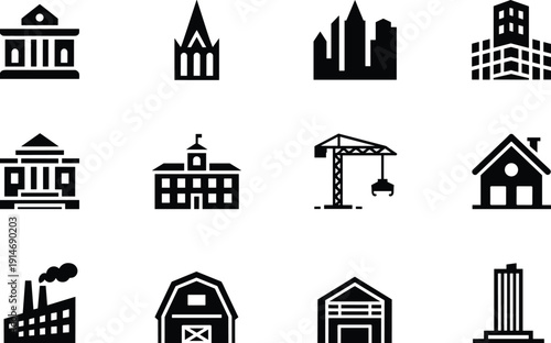Building and structure icons, courthouse church school factory barn skyscraper flat vector