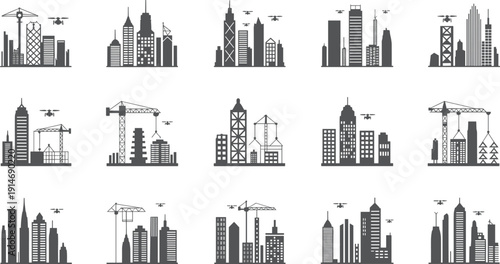 City skylines silhouettes with cranes, drones, skyscrapers, modern urban construction flat vector