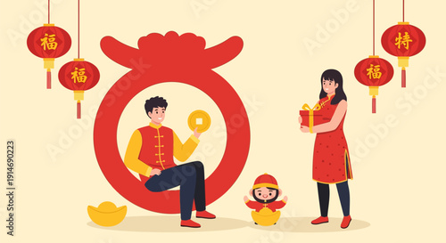 Lunar New Year Family Celebration. Cartoon couple exchanging gifts, holding gold coins, and surrounded by red lanterns and prosperity symbols.