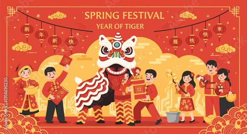 Vibrant Chinese New Year Celebration. Family, Kids, and Lion Dance during Spring Festival with Red Lanterns and Hongbao.