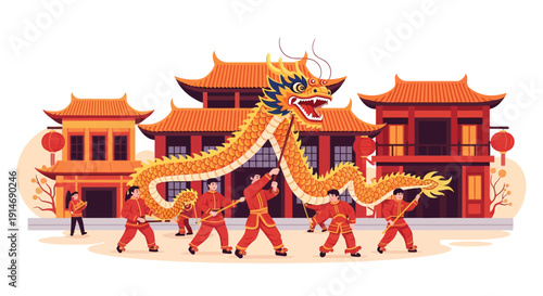 Traditional Chinese Dragon Dance Performance in front of ancient architecture, celebrating Lunar New Year and Spring Festival