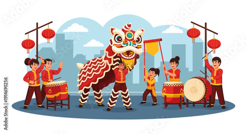 Chinese Lion Dance Performance Illustration. Lunar New Year Celebration with Traditional Drummers, Dancers, and Red Lanterns in an Urban Setting.