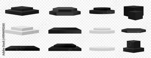 3d podium and display stand illustration collection. Black and white pedestal stages, product presentation platforms, and realistic geometric showroom and mockup elements vector design set. Transparen