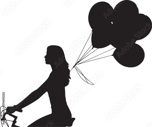 Silhouette of woman riding bicycle with black balloons floating away