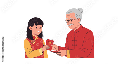 Chinese New Year Red Envelope Giving. Grandfather hands Hongbao to smiling granddaughter in traditional clothes. Lunar New Year family tradition vector illustration.