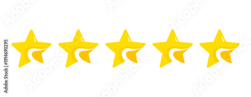Five stars rating. Five stars customer product review icon set. Yellow 5 star flat icon for apps and websites. Quality, customer rating, and feedback. Transparent PNG and vector illustration