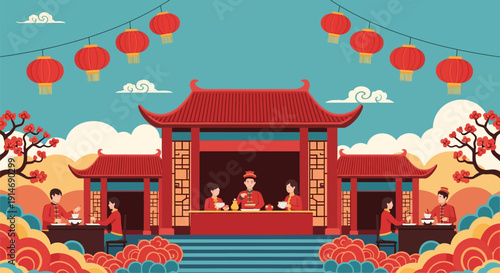 Lunar New Year Dinner Celebration. Traditional Chinese Temple Scene with Red Lanterns, Blossoms, and People. Vector Art.