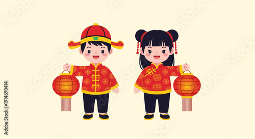 Cute Chinese Kids Holding Red Lanterns, Celebrating Lunar New Year in Traditional Clothing. Vector Illustration for Asian Festival Greetings.