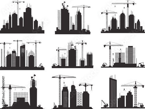 Urban construction silhouettes with cranes, workers, excavators, scaffolding, city development flat vector