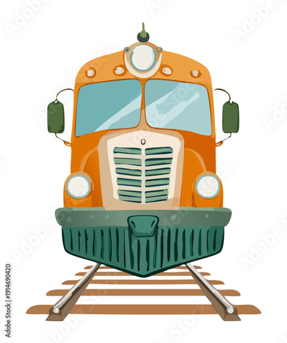 Regional express train with orange and green livery for public passenger transit and rail travel transportation