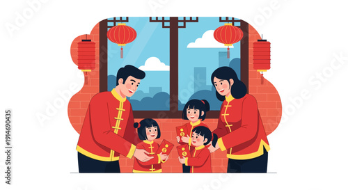 Happy Chinese New Year Family Giving Red Envelopes (Hongbao) to Children. Traditional Asian Lunar New Year Celebration Vector Illustration.
