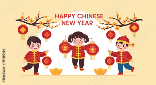 Happy Chinese New Year Celebration: Cute Kids Holding Red Lanterns, Gold Ingots (Yuanbao), and Festive Plum Blossoms.