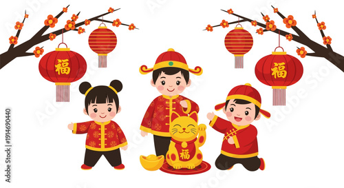 Happy Chinese New Year Kids Illustration with Red Lanterns, Lucky Cat, and Plum Blossoms. Lunar New Year Children in Traditional Costume.