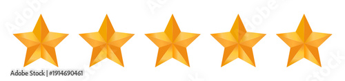 Five gold star rating customer product review icon set. Yellow 5 star flat icon for apps and websites. Quality, customer rating, and feedback. Transparent PNG and vector illustration