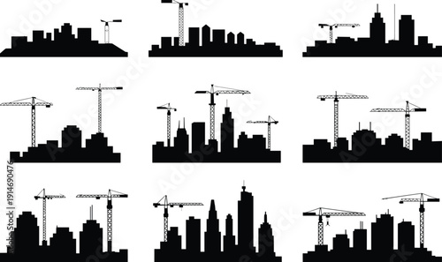 Urban city skylines silhouettes with cranes, construction architecture development infrastructure flat vector