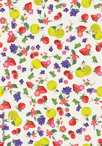 Seamless mixed fruit pattern. Summer strawberry, grape, and apple background. Fresh organic food textile design.