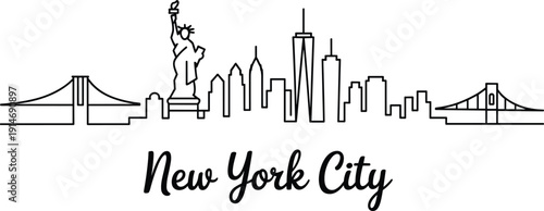 New York City skyline silhouette, flat vector illustration with iconic landmarks