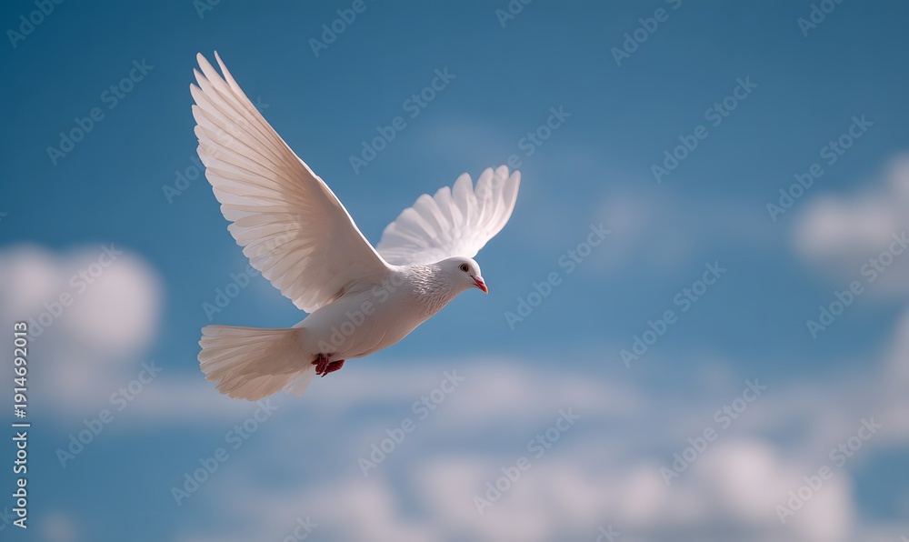Fototapeta premium A white pigeon flies in a clear blue sky