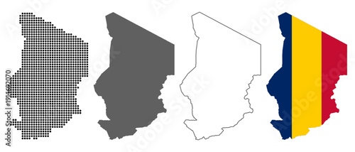 Chad map set with dotted solid outline and flag style vector illustration