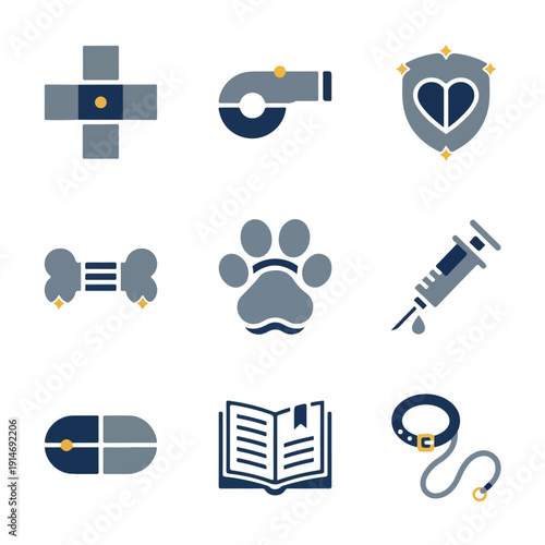 A set of nine flat design icons featuring various symbols related to pet care, veterinary medicine, and animal well-being, presented in a clean and modern style.