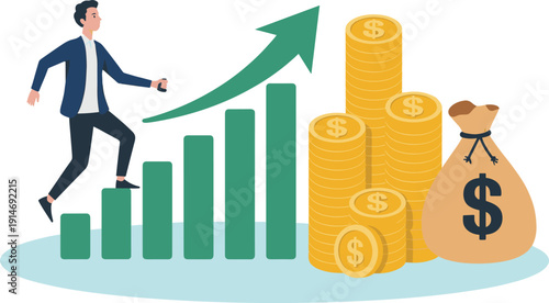 Business growth illustration, entrepreneur climbing profit chart, income increase, investment success, financial planning, wealth accumulation, money management concept, digital economy