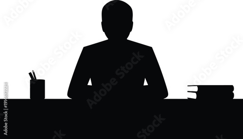 Businessman silhouette working at desk, office job concept, corporate professional, manager workspace, leadership, anonymous employee illustration, vector, minimal, business, design