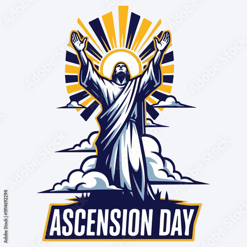 Ascension Day Celebration Graphic Featuring Jesus Christ and Heavenly Sky
