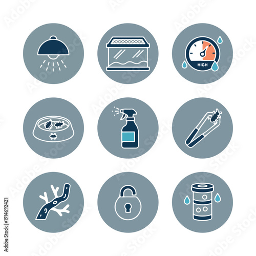 A grid of nine circular icons depicts various aspects of pet care, including lighting, enclosure, humidity, feeding, spraying, handling, terrarium decor, security, and water supply.