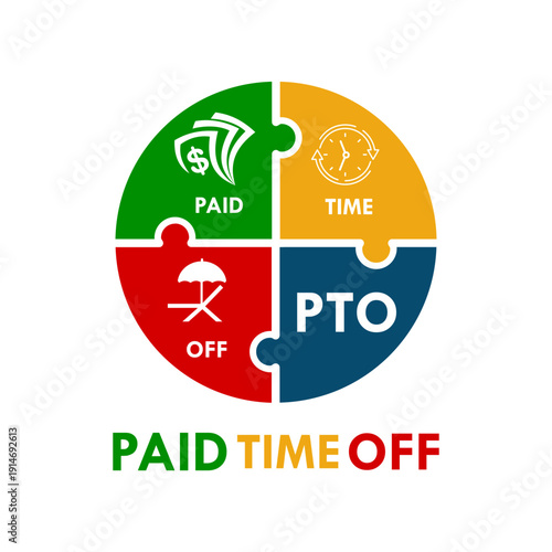 PTO paid time off logo featuring money, clock, and beach umbrella icons in green, yellow, and red circles. Isolated vector illustration for HR and employee benefits