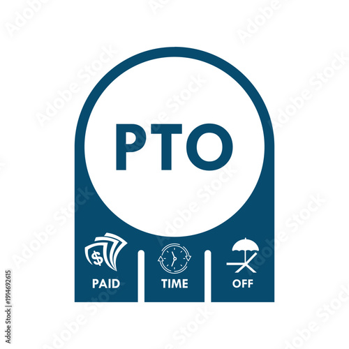 PTO paid time off logo featuring money, clock, and beach umbrella icons in green, yellow, and red circles. Isolated vector illustration for HR and employee benefits