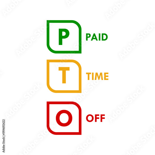 PTO paid time off logo featuring money, clock, and beach umbrella icons in green, yellow, and red circles. Isolated vector illustration for HR and employee benefits