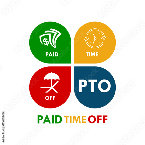 PTO paid time off logo featuring money, clock, and beach umbrella icons in green, yellow, and red circles. Isolated vector illustration for HR and employee benefits