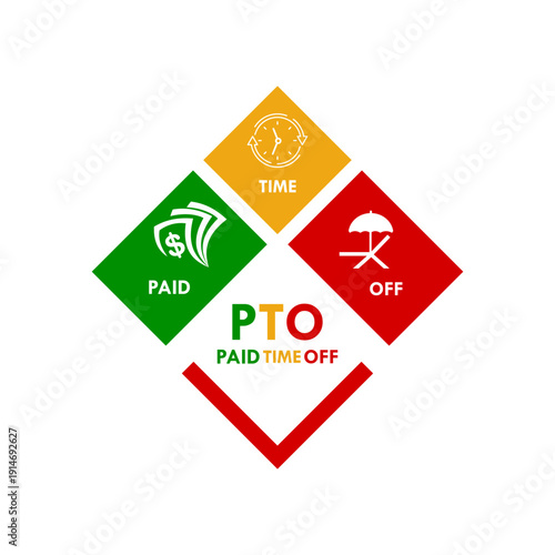 PTO paid time off logo featuring money, clock, and beach umbrella icons in green, yellow, and red circles. Isolated vector illustration for HR and employee benefits